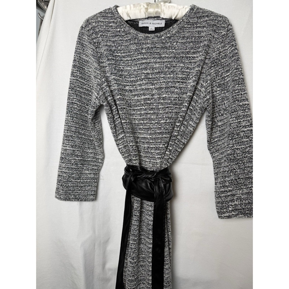 Emma & Michele Marled Knit Midi Dress L Black White Long Sleeve Belted Round